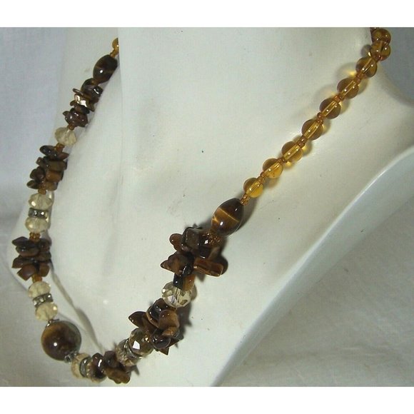 Tiger's Eye Stone Necklace Sphere Focal Two-strand Chips Rhinestone Rondelles - Picture 4 of 8